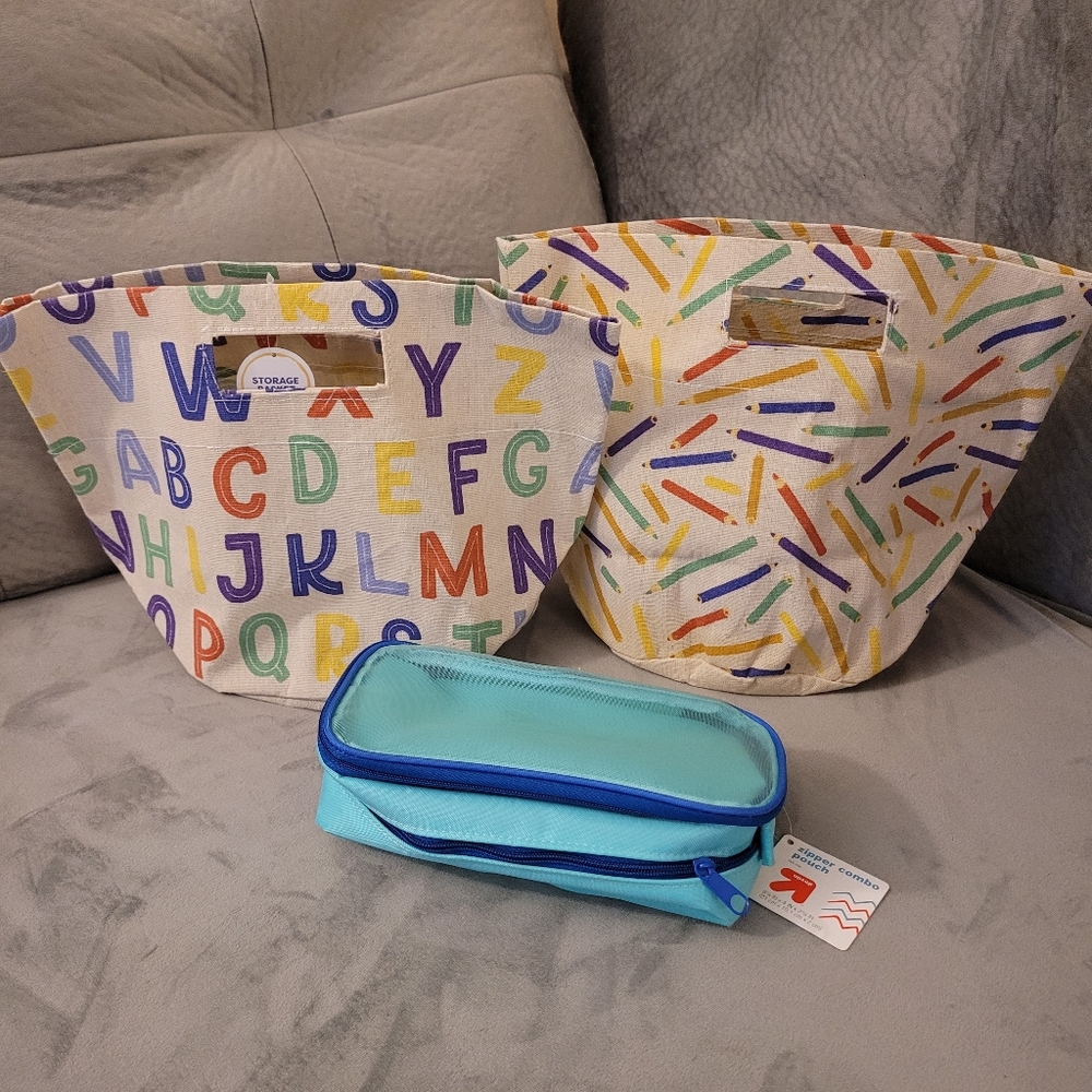 Colorful Alphabet and Crayon Syorage Basket Plus A Zipper Penchil Pouch